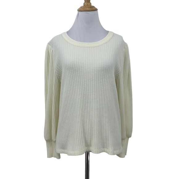 Madewell Brush Ribbed Top Womens L Large Cream 3/4 Pleat Blouson Sleeve Sweater - Picture 1 of 14